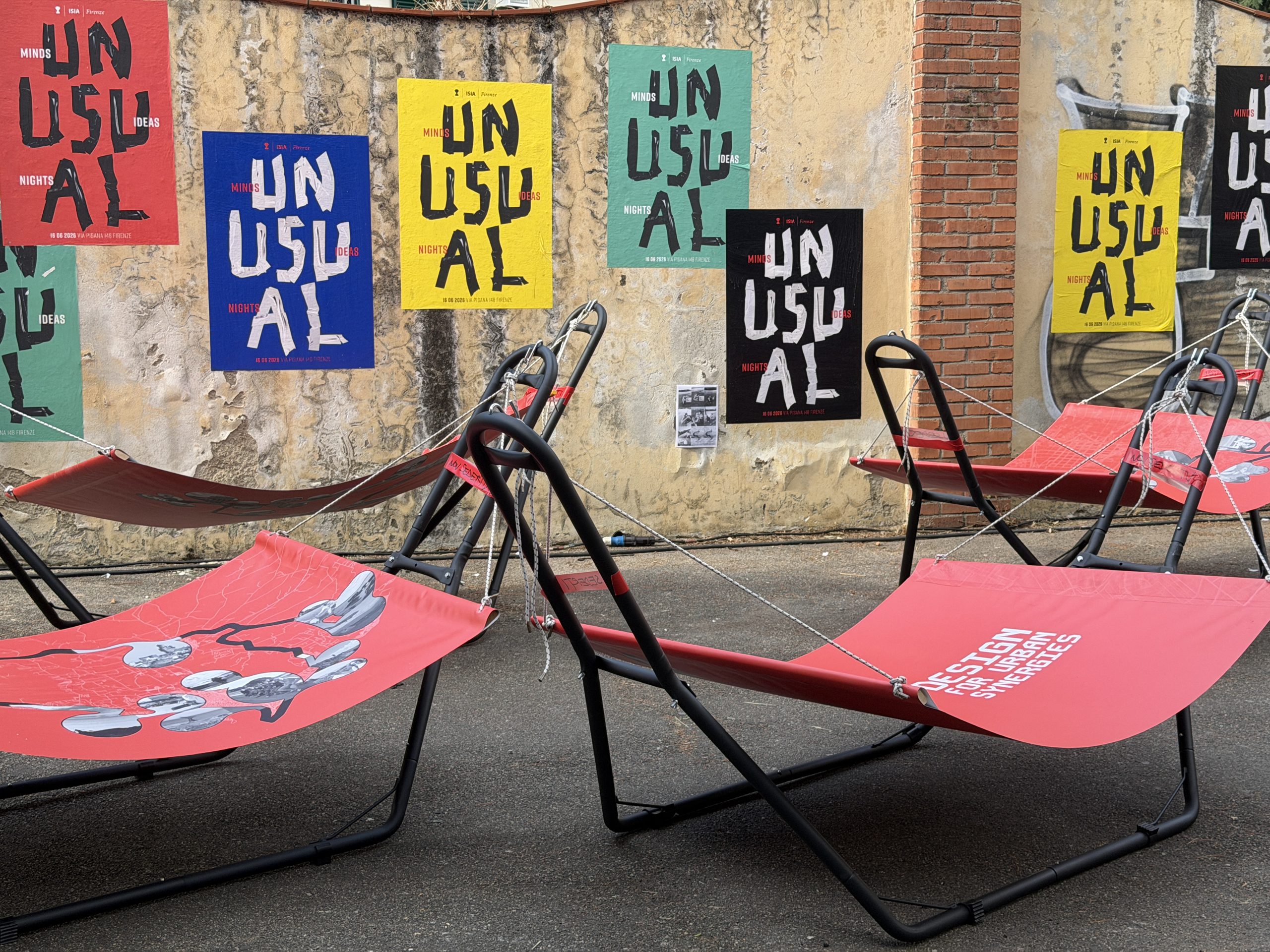 MAP’s hammocks up close: one printed with the map and bubble-shaped photos, the other with Design for Urban Synergies, in front of the Unusual posters.